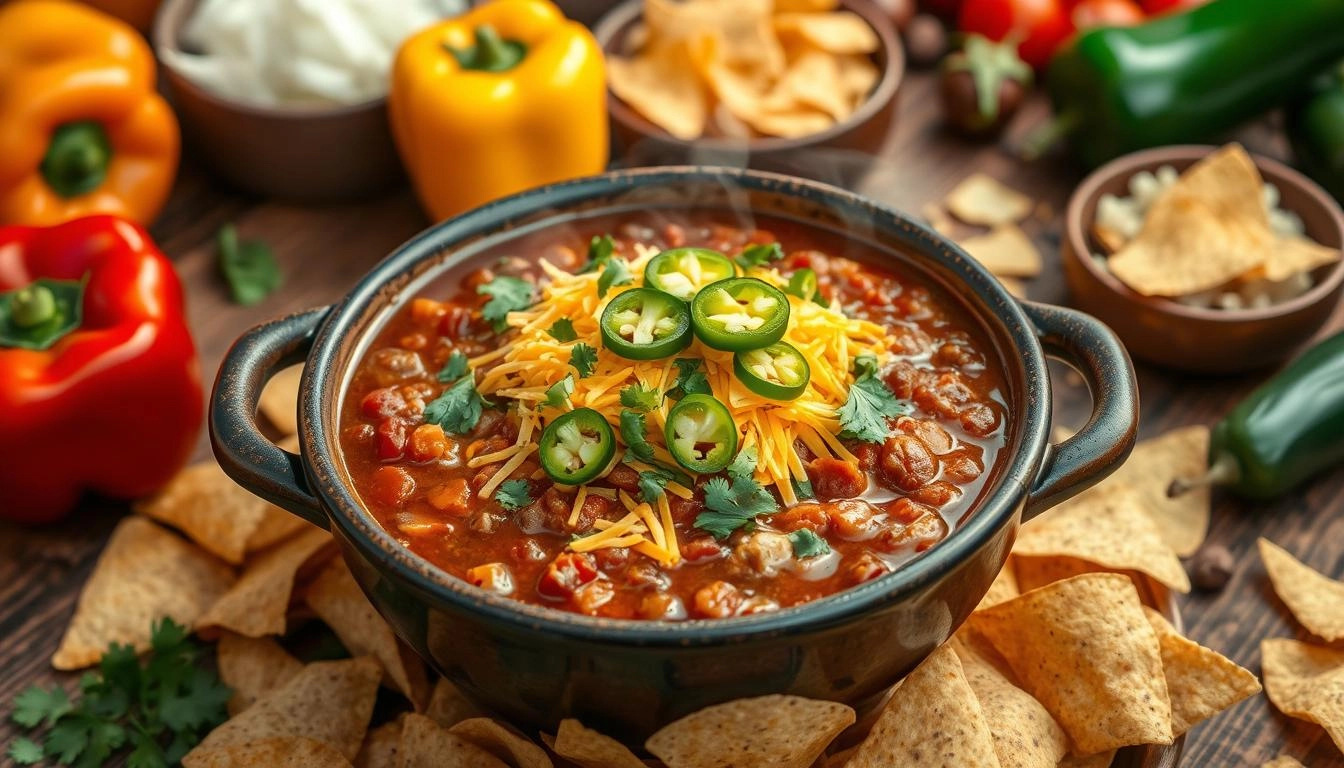 Steaming chili bowl with cheese, cilantro & jalapeños, tortilla chips and fresh ingredients on wooden table, casual Super Bowl setting