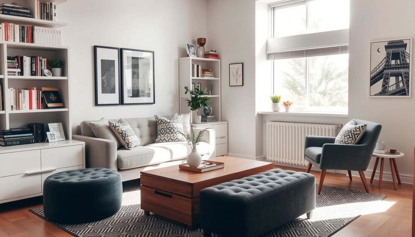 Modern small living room with compact sofa, storage coffee table, and wall shelves. Features light colors, dual-purpose furniture, and natural light.