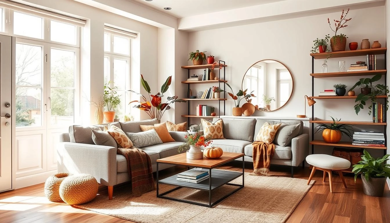 Small living room with space-saving furniture, featuring natural light, mirrors, and autumn-inspired decor. Multi-functional pieces and shelving create a cozy, organized space.