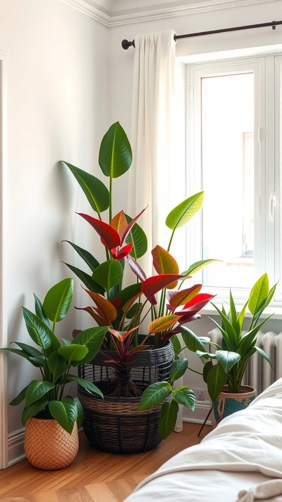 A cozy bedroom corner filled with various indoor plants.