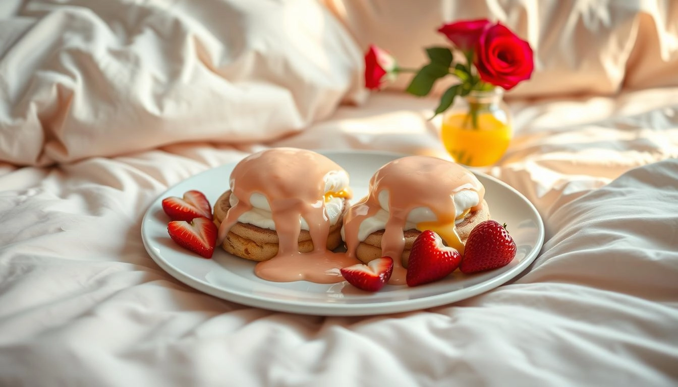 Romantic Eggs Benedict breakfast in bed with pink hollandaise, heart-shaped strawberries, and roses in morning light