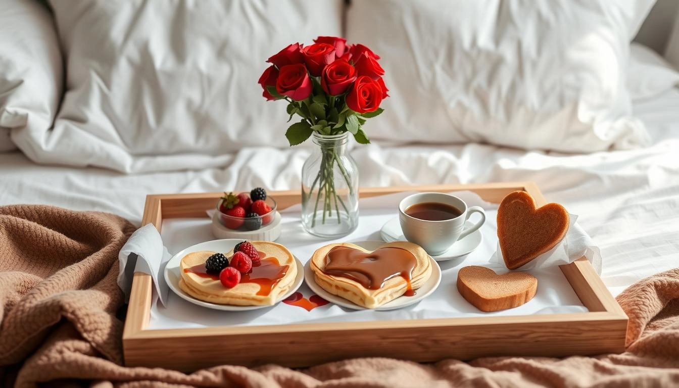 Romantic breakfast in bed with heart pancakes, berries, roses, and coffee on white bedding in morning light