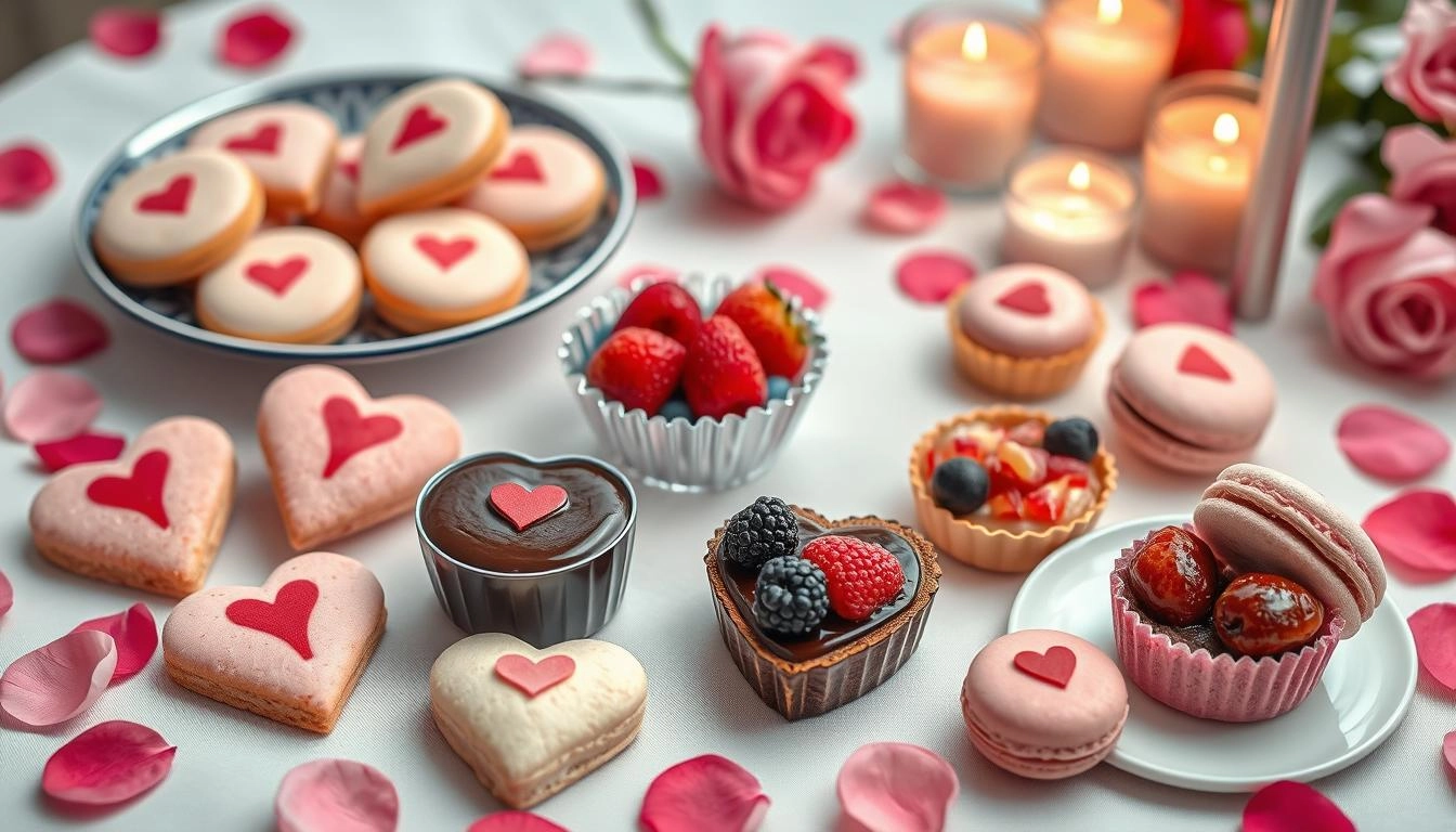 Gluten-free Valentine's desserts with heart cookies, chocolate mousse, berry tarts and pink macarons, arranged with rose petals and candlelight.