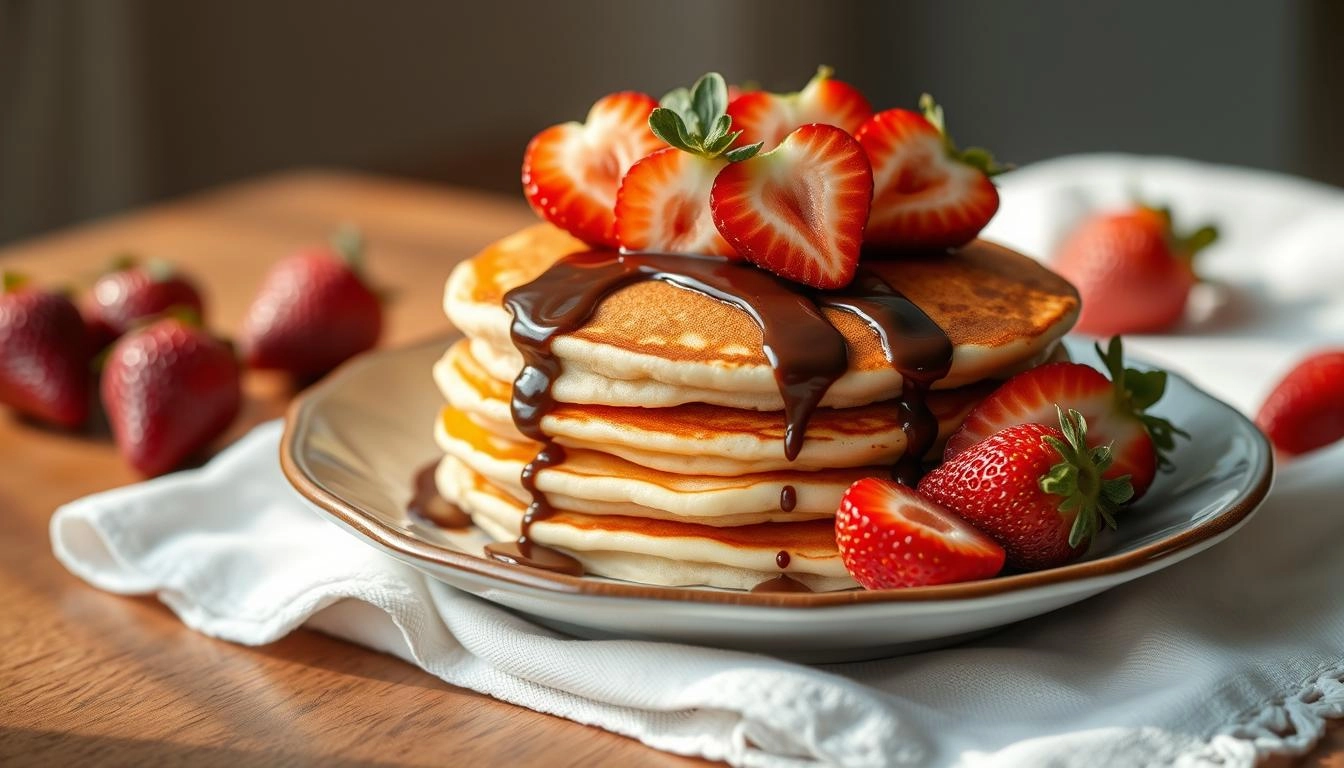 Fluffy pancakes with chocolate drizzle and fresh strawberries on a white plate, morning light