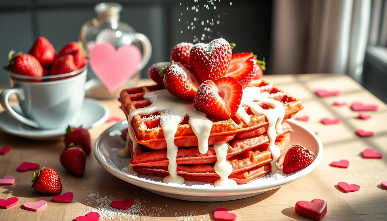 Red velvet waffles with cream cheese drizzle and strawberries, Valentine's decorations in morning light