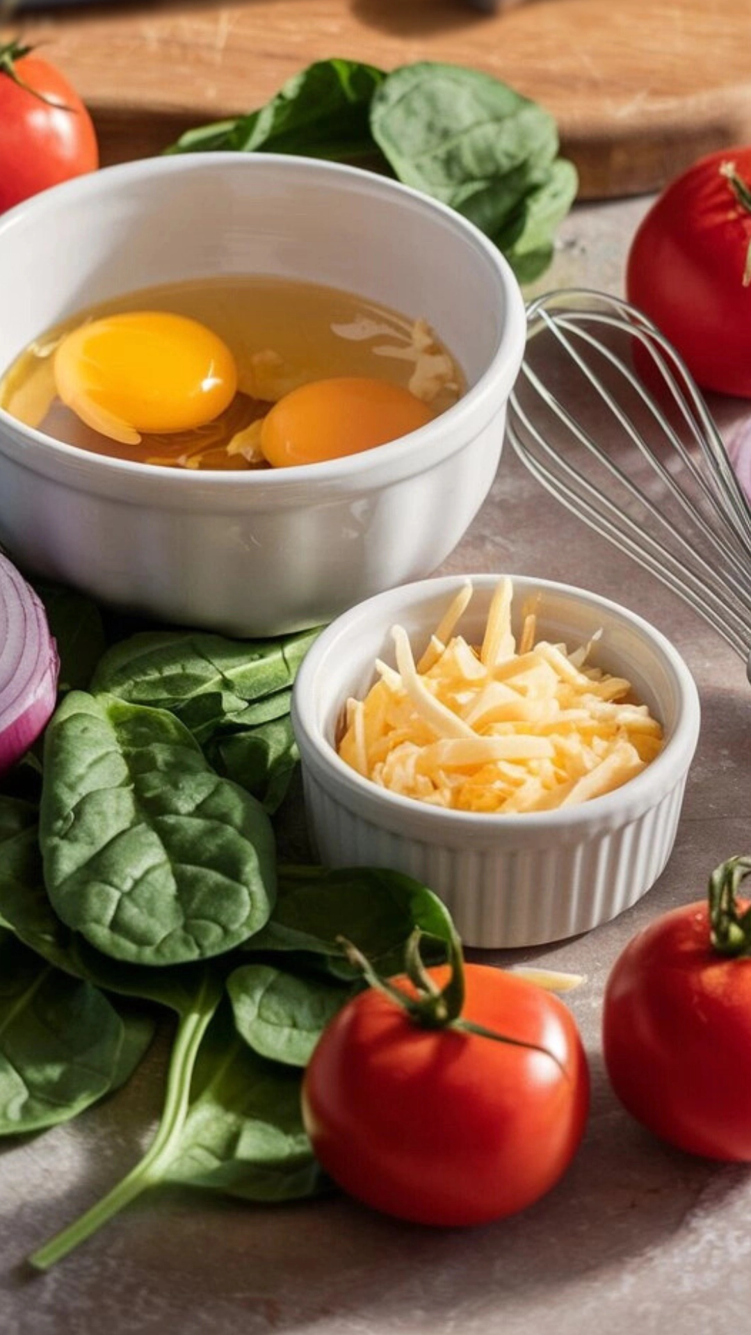 Fresh omelet ingredients including eggs, tomatoes, spinach, and onions arranged with cooking tools on a wooden cutting board, all in natural light