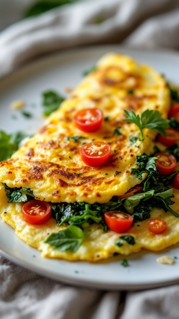 Veggie omelet with spinach and tomatoes on a sunlit breakfast table, accompanied by orange juice and fresh berries