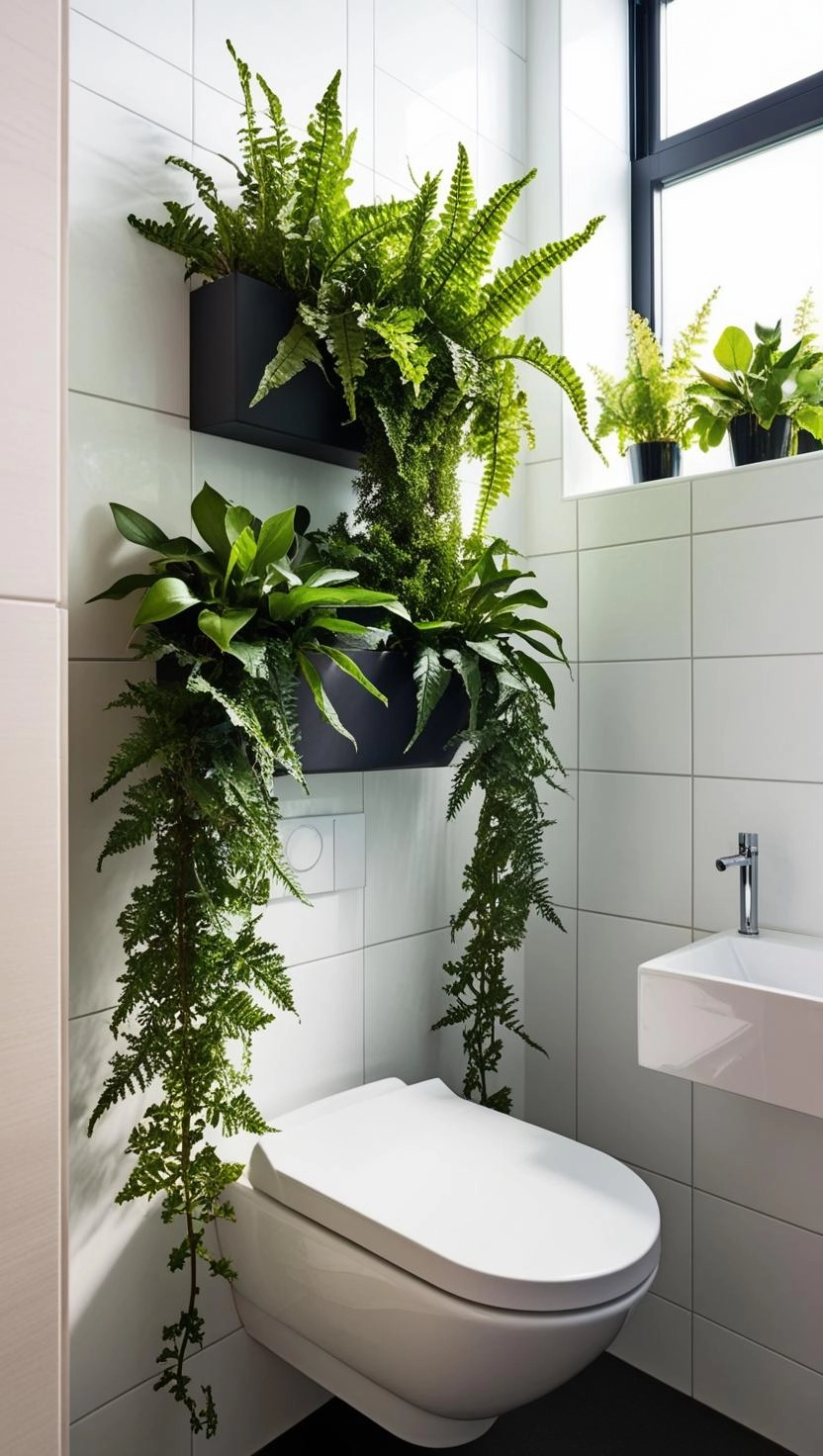 A small bathroom featuring a vertical garden next to the toilet and sink.