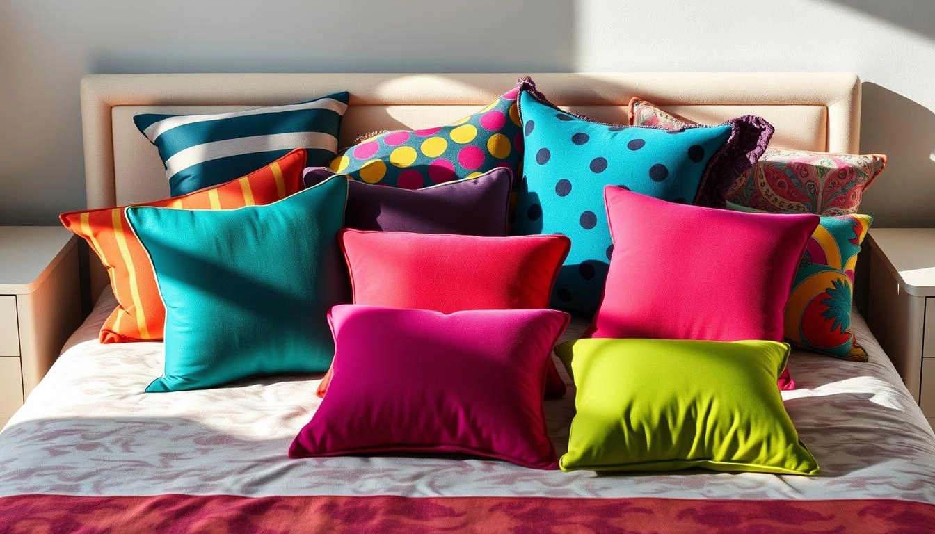 Decorative pillows in bold jewel-toned patterns arranged asymmetrically on minimalist bed, natural lighting highlighting textures