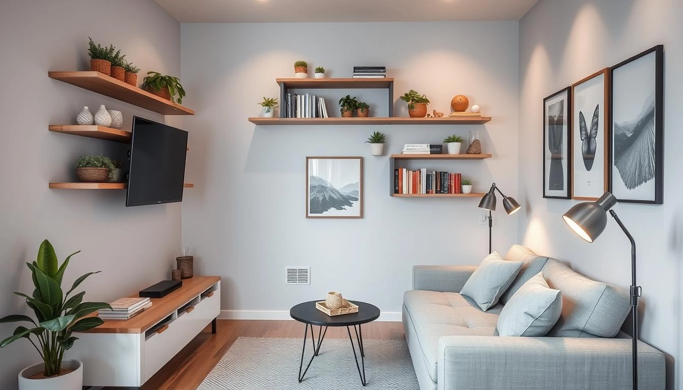 Small modern living room with wall-mounted shelves and TV, multi-functional furniture, and soft lighting. Light blue and gray palette with plants creates a calm atmosphere.