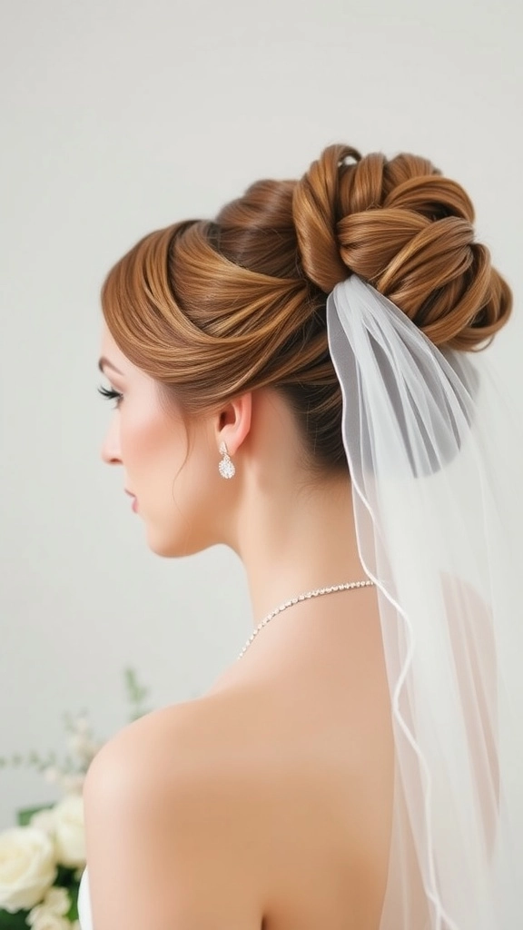 A bride with a classic chignon hairstyle, adorned with a flowing veil.