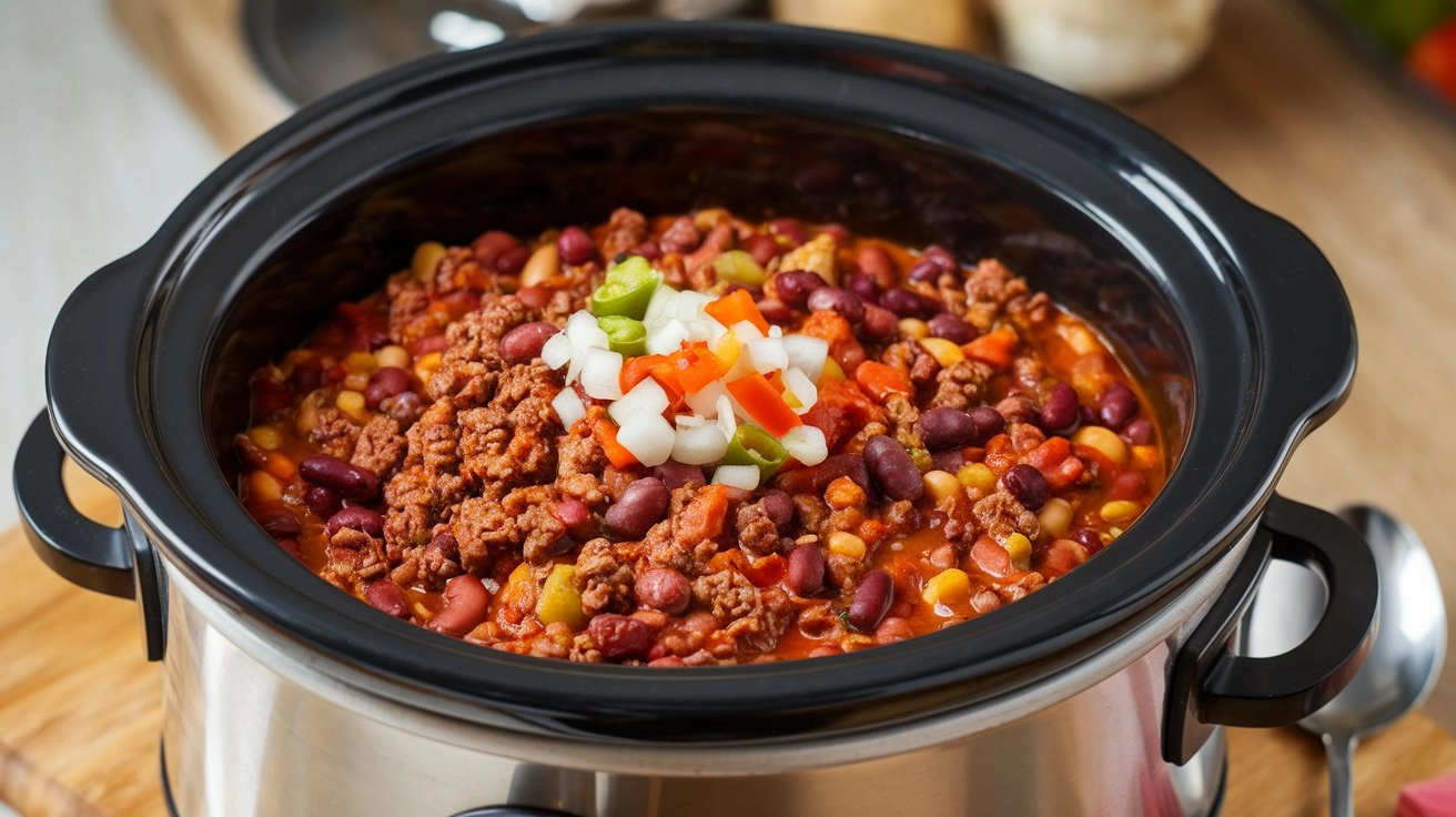 Bowl of beef and bean chili with colorful vegetables, topped with cilantro and sour cream, served with tortilla chips on rustic wooden table