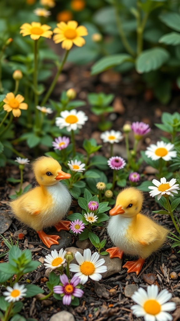 Two cute duckling figurines surrounded by colorful flowers in a garden.