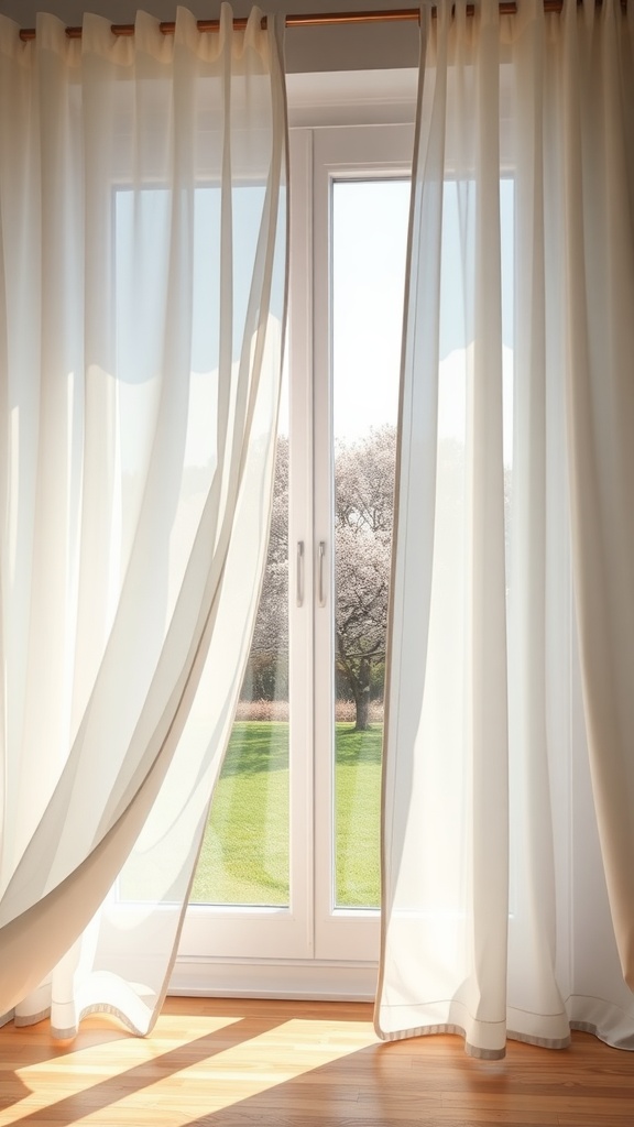 Light sheer curtains flowing by a window with a view of greenery outside, creating an airy atmosphere.