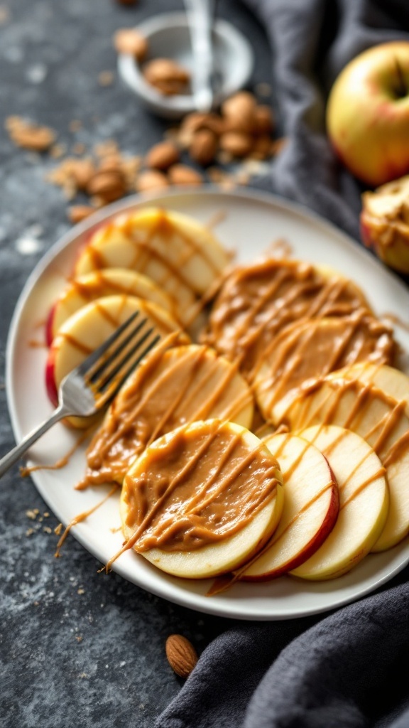 Almond butter spread on apple slices.