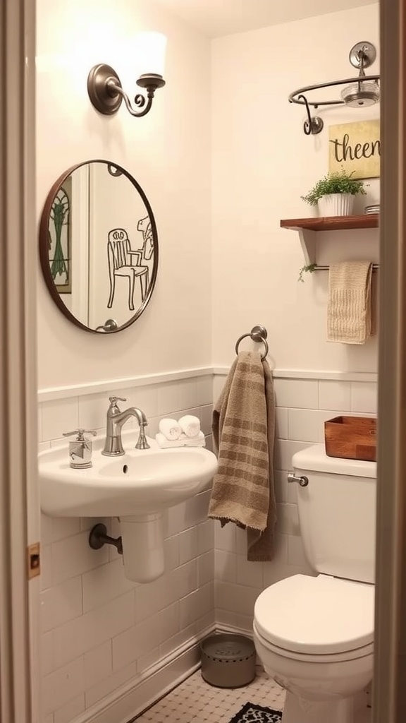 A small bathroom featuring wooden shelves and stylish hooks to hang towels.