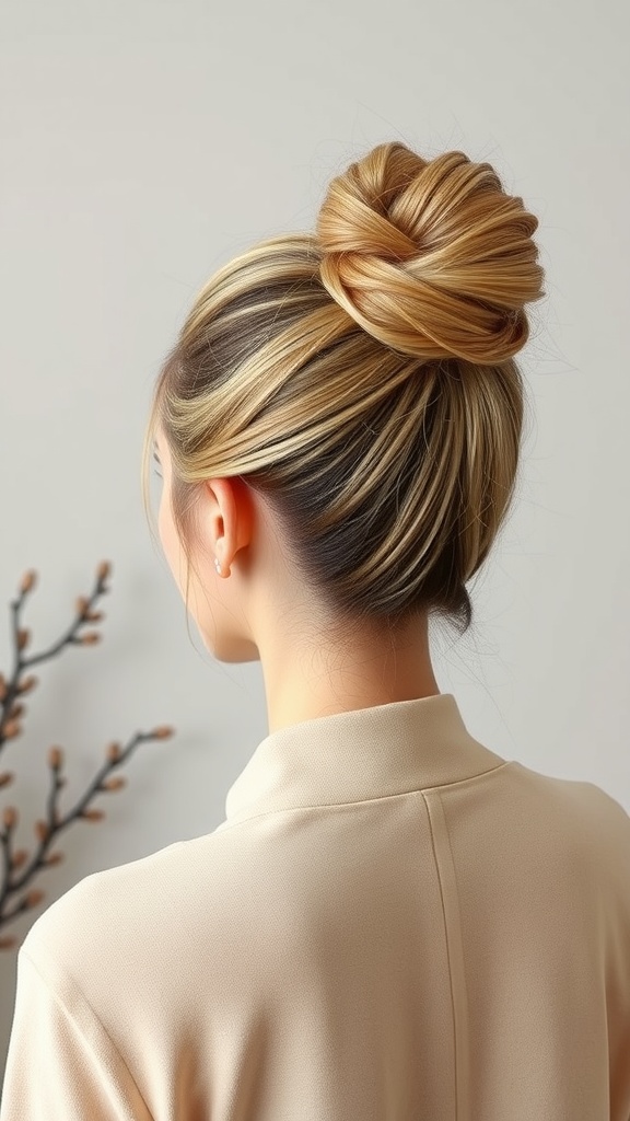 A stylish updo hairstyle featuring elegantly tucked hair at the back.