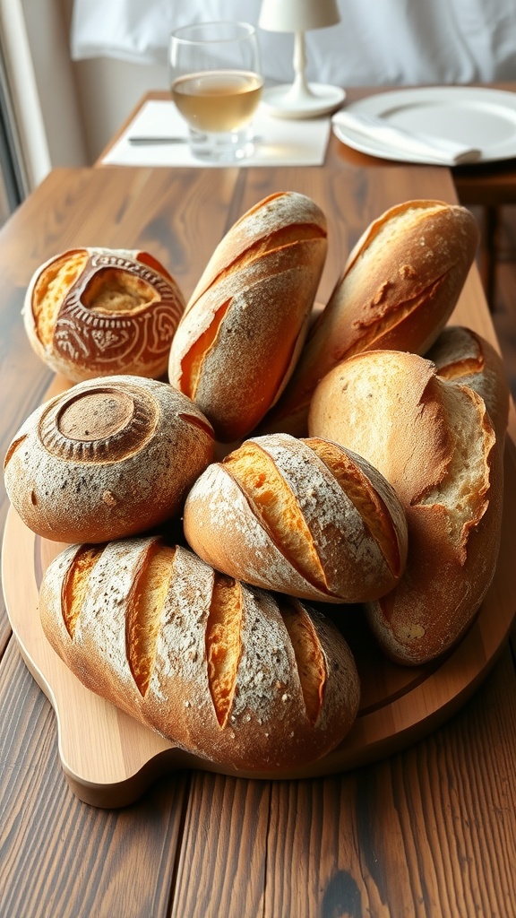 A beautiful arrangement of artisan breads on a wooden platter.