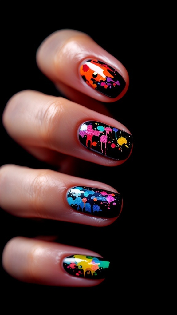 Close-up of colorful artistic drip nail designs featuring gradients and drip patterns