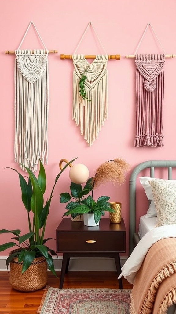 Artistic wall hangings in a pink and sage green bedroom