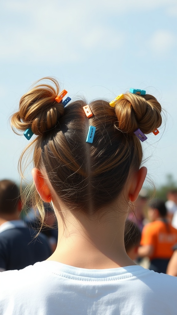 A girl with artistic space buns decorated with colorful clips, showcasing a playful hairstyle.