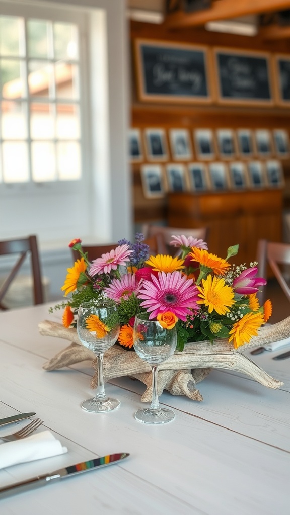 A beautiful wooden centerpiece with colorful flowers on a dining table, creating a spring atmosphere.