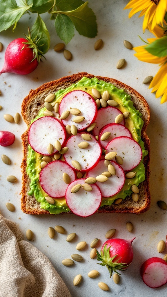 Avocado toast topped with radish slices and pumpkin seeds on whole grain bread