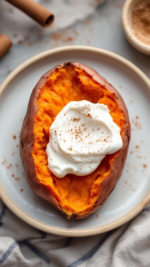 Baked sweet potato topped with Greek yogurt and a sprinkle of cinnamon.