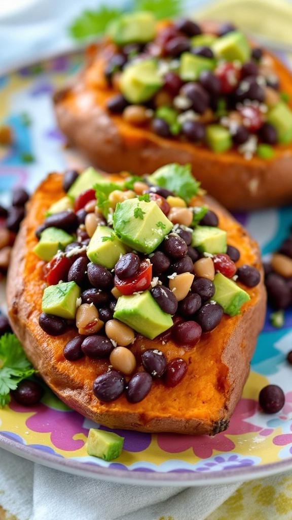 Baked sweet potatoes topped with black beans and avocado