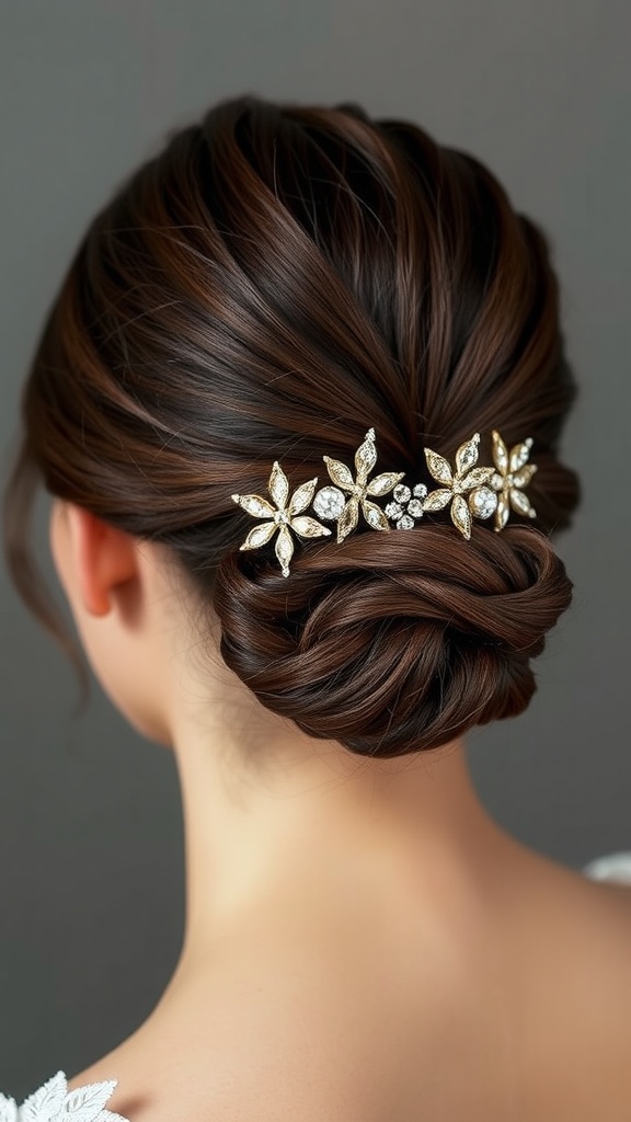 A beautifully styled ballet bun embellished with gold and diamond bridal hairpins.