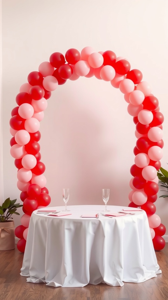 Balloon arch in red and pink colors over a white table with glasses and pink decorations.