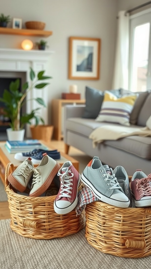 A cozy living room setting with casual shoes neatly stored in woven baskets.