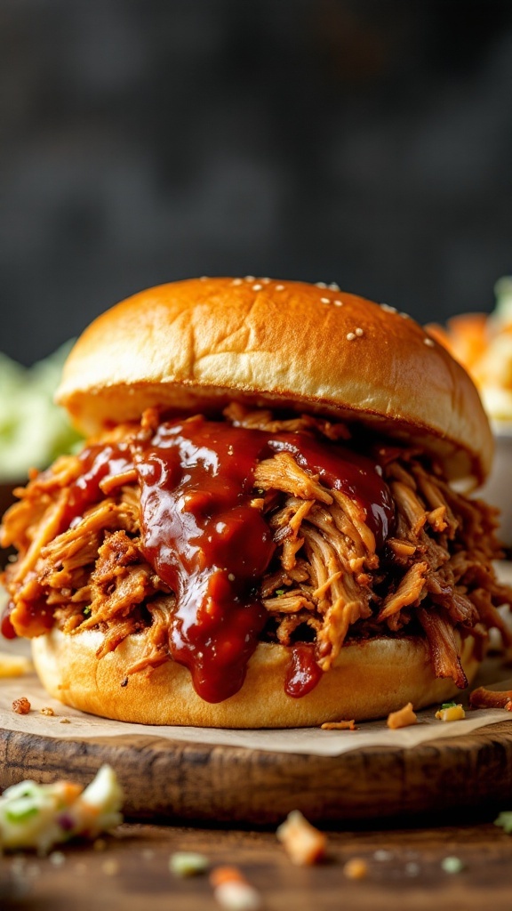 BBQ pulled pork sandwich overflowing with shredded pork and barbecue sauce on a bun.