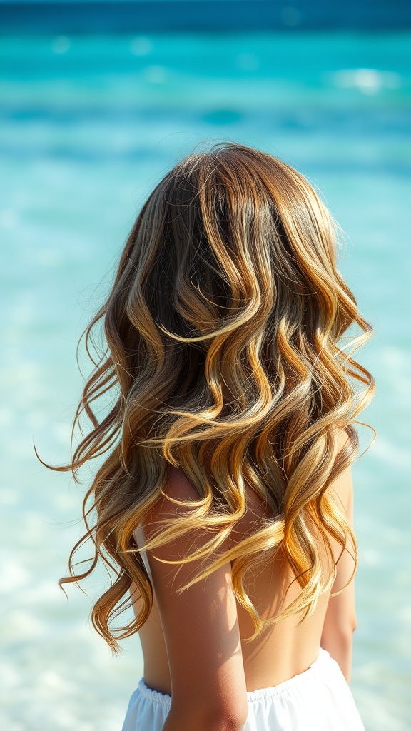 A woman with beachy mermaid waves standing by the ocean.