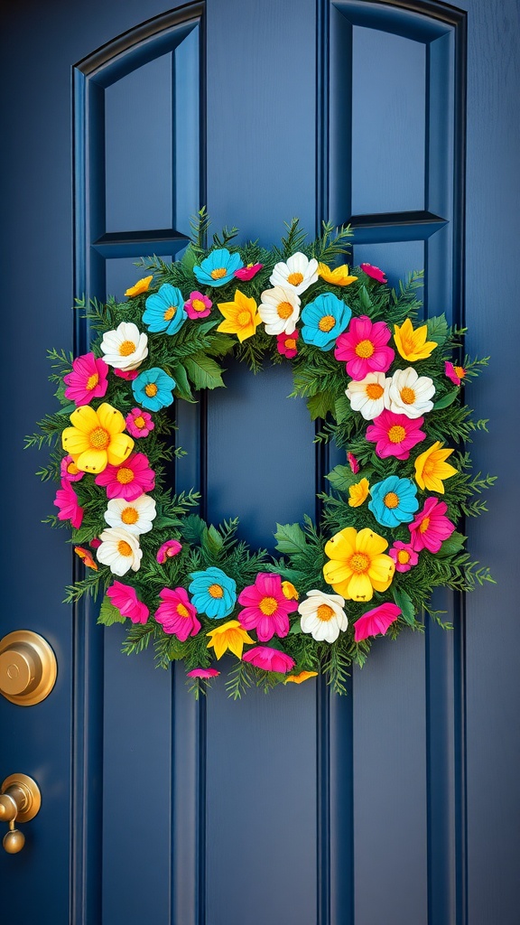 Handmade beaded flower wreath with vibrant colors on a blue front door