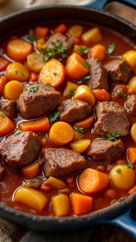 A hearty beef stew with tender chunks of meat and colorful root vegetables.