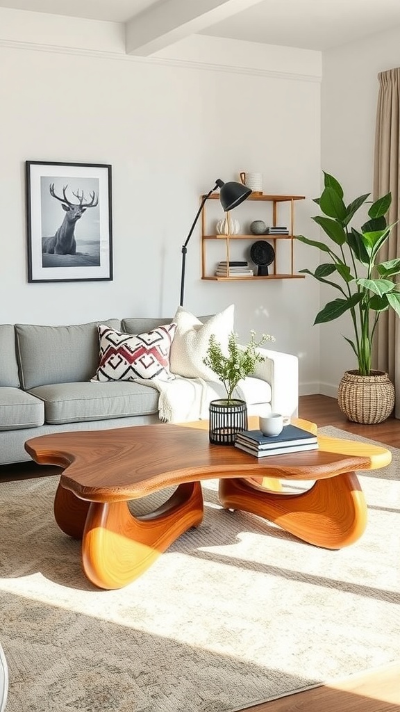 A stylish bespoke coffee table with a modern design, complemented by flowers and books, in a cozy living room setting.