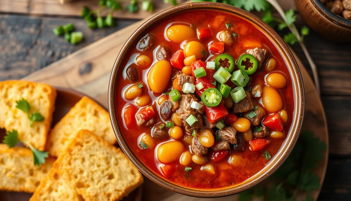 Bowl of spicy beef and bean chili topped with jalapeños and green onions, served with cornbread on rustic wooden table