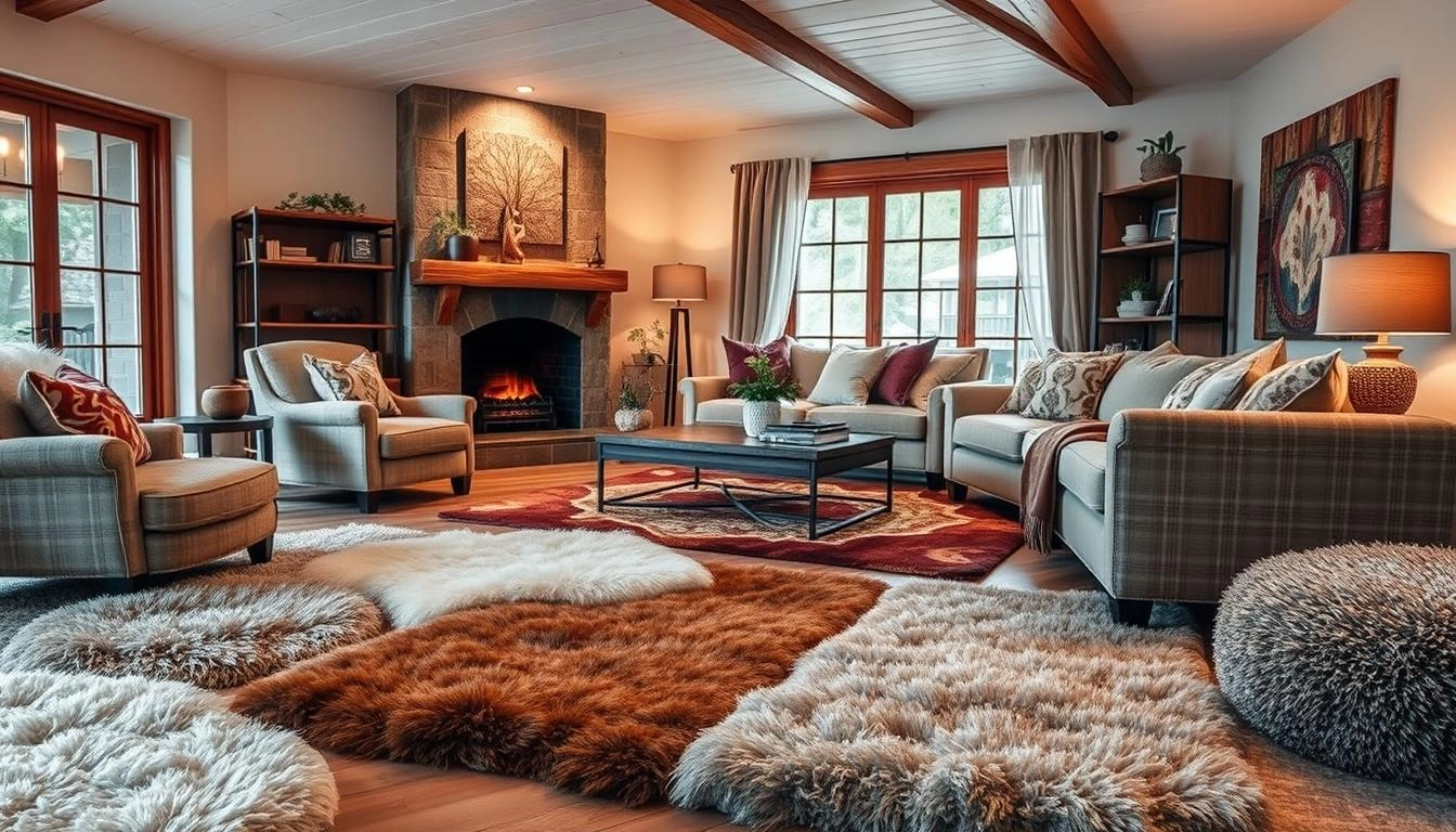 Best Rugs for a Cozy Living Room. Cozy living room with diverse plush rugs, comfortable furniture, and a fireplace, blending modern and rustic styles under soft lighting