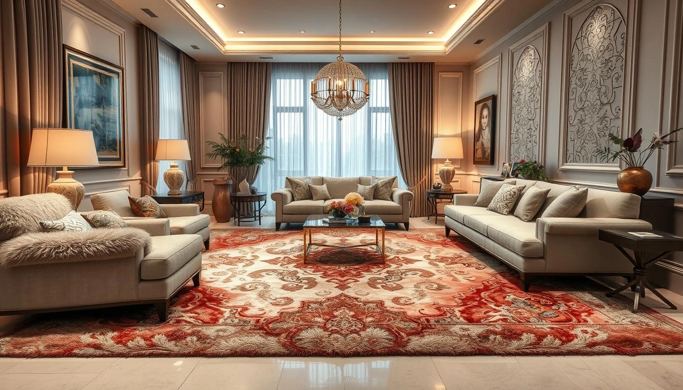 Luxurious living room with diverse textured rugs of varying pile heights, surrounded by cozy seating, warm lighting, and stylish decor in an elegant color palette.