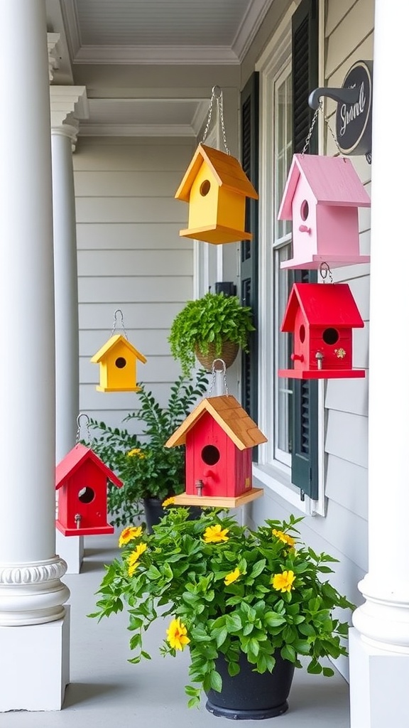 Colorful birdhouses on a front porch surrounded by flowers and greenery.