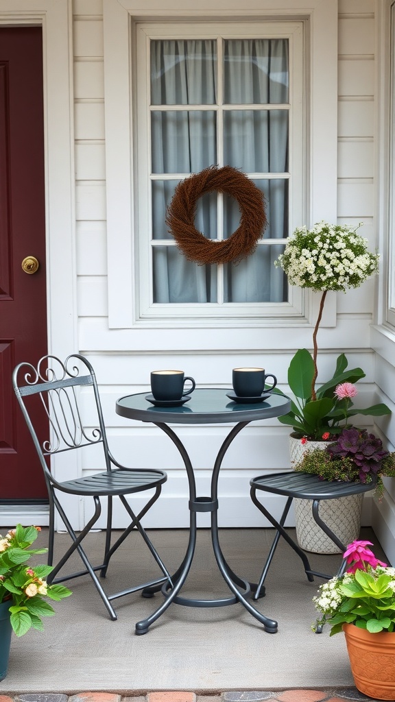 A cozy bistro table set on a front porch with two chairs, coffee mugs, and potted plants, creating a welcoming spring atmosphere.