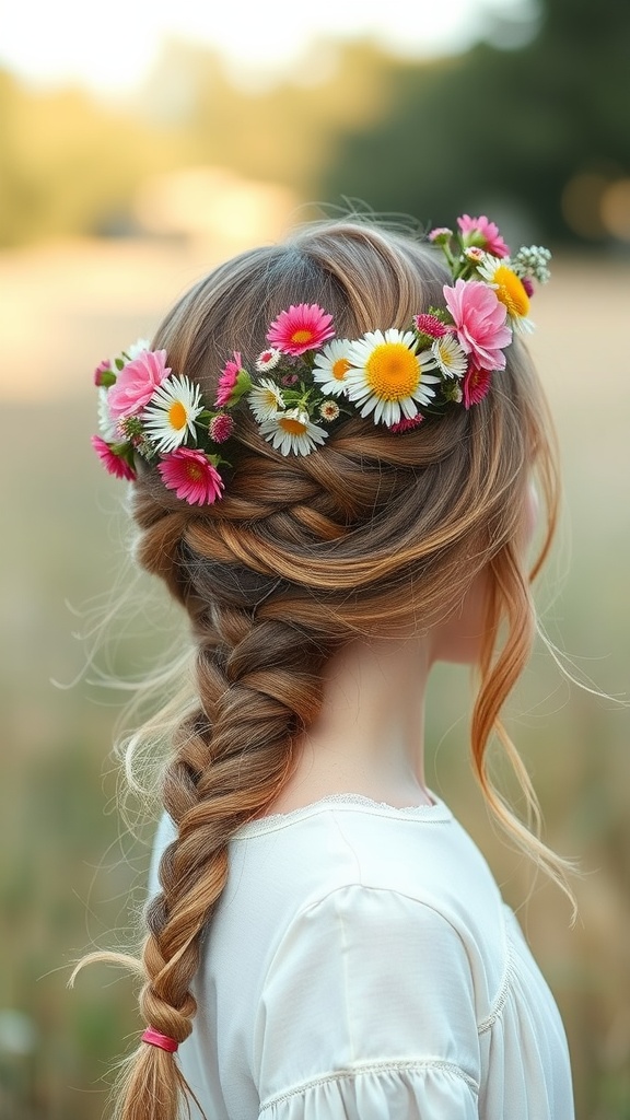 A bohemian crown braid hairstyle with a floral crown