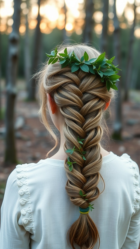 A beautiful fishtail braid adorned with green leaves, showcasing a bohemian wedding hairstyle.