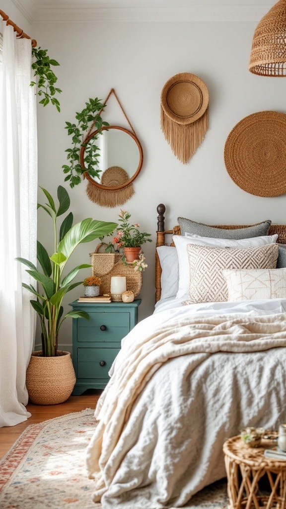 A cozy boho-chic bedroom with floral decor and soft textiles.