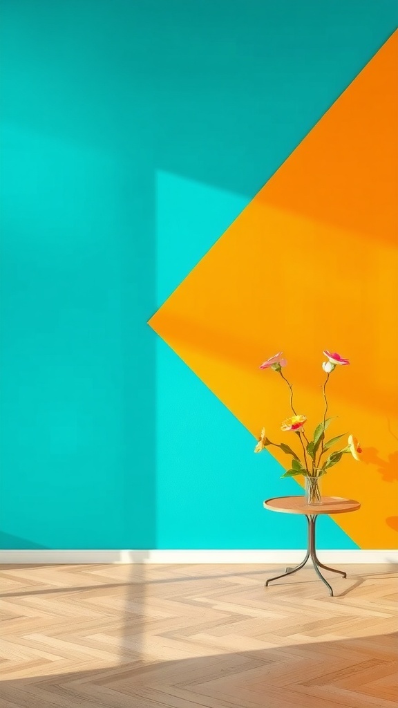 A vibrant room with a teal and orange accent wall and a small table with flowers.