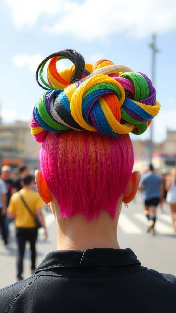 Colorful and intricate updo hairstyle with bright colors.