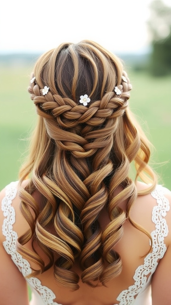 A bride's hair styled in a braided crown with soft waves and white flowers.