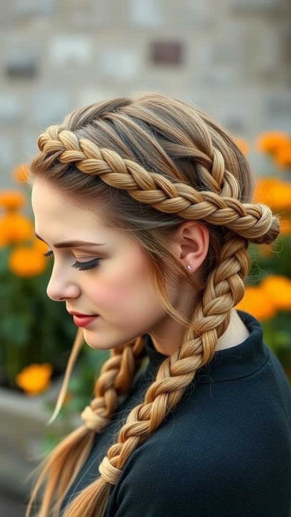 A woman with a braided halo hairstyle, featuring intricate braids wrapped around her head.