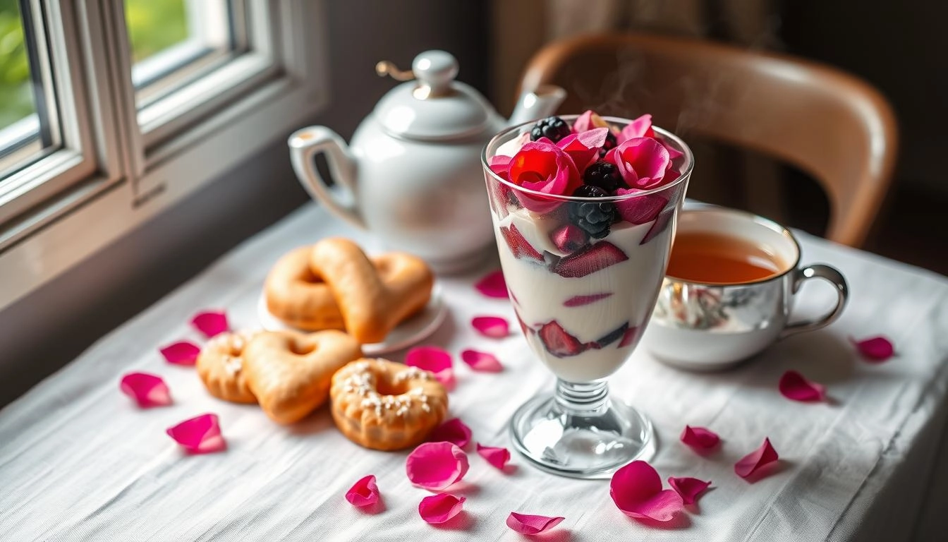 Rose petal yogurt parfait with berries and heart pastries, scattered petals and tea in morning light